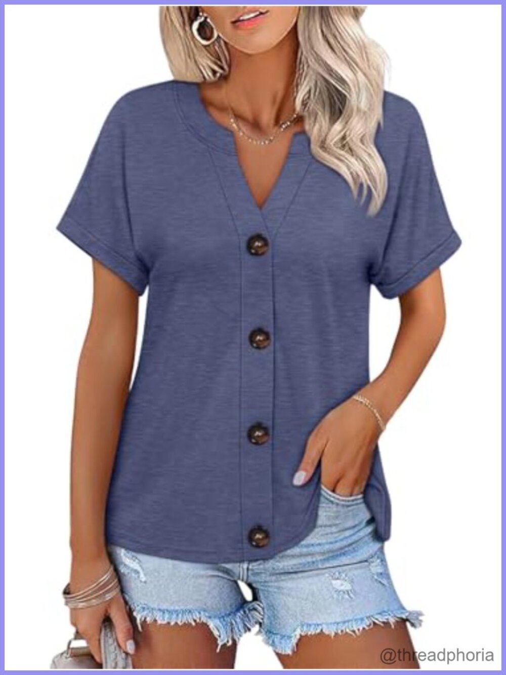 Womens Button Down Shirt Short Sleeve V Neck Summer Top Roll Up Cuff